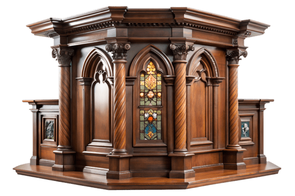 Ornate Wooden Pulpit with Stained Glass